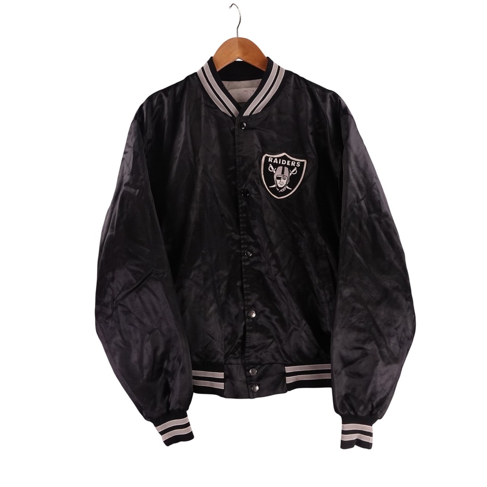 Vintage‎ Oakland Raiders Satin Bomber Jacket Black Silver Mens XL Varsity Snap